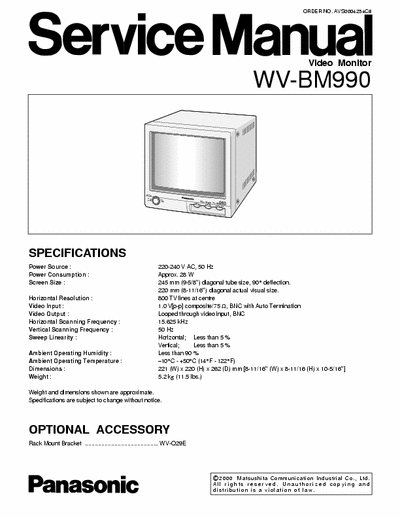 Panasonic WV-BM990e VIDEO MONITOR PANASONIC WV-BM990e